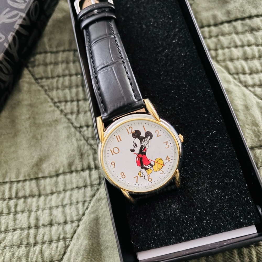 Mickey Mouse Gold Tone Watch with Black Leather Strap - Picture 1 of 3